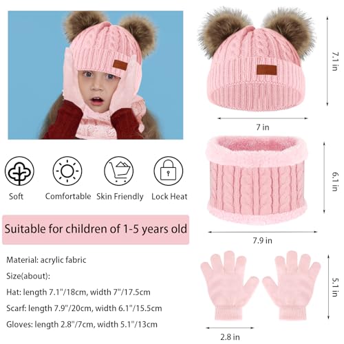 Kids Winter Beanie Hat Scarf Gloves Set,Toddlers Knit Winter Warm Double Pompom Cap Scarf Gloves for Girls Boys 1-5 Years Old - color: Light Pink