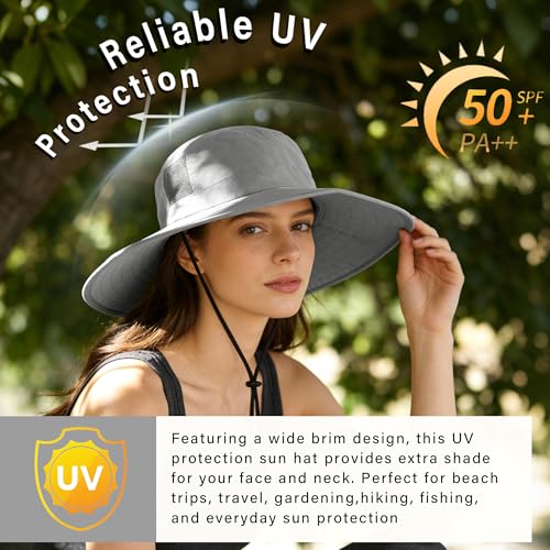 Tirrinia Sun Hats for Women, Wide Brim Hat with Ponytail Hole - color: Gray-22.44‘’head