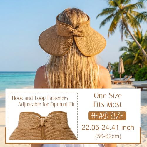 Straw Hats for Women UV Straw Beach Sun Visor Foldable Wide Brim Ponytail Hat Bulk for Summer Travel Beach - color: Brown