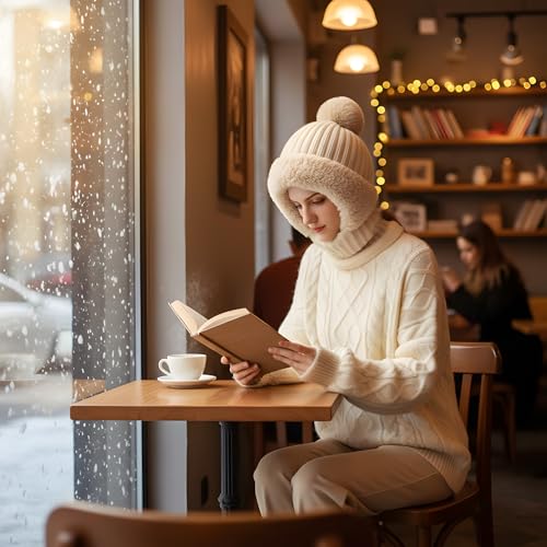 HUAMULAN Women Winter Knit Beanie Hats One Piece Fleece Lined Balaclavas - color: Beige + Faux Fur