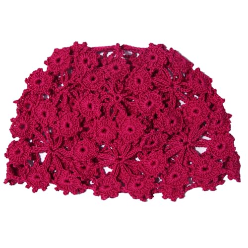 Women Lace Crochet Beanie Hat Handmade Knitted Cutout Floral Skull Cap - color: Rose