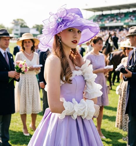 Organza Fascinator Hat - Women’s Wide Brim Church Bridal Tea Party Wedding Hat - color: 02a-light Purple