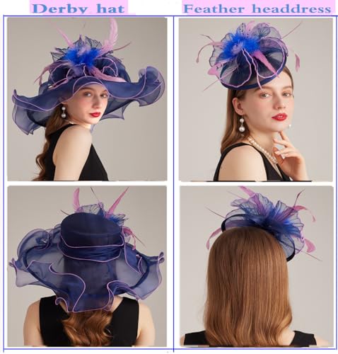 Women Derby Church Hat Organza Flower Wedding Tea Party Fascinator Wide Brim Sun Hat - color: 16-navy Blue