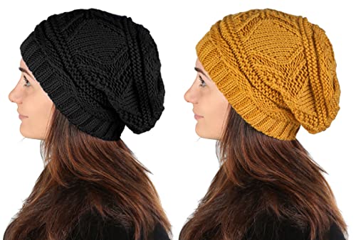 Lilax Knit Slouchy Oversized Soft Warm Winter Beanie Hat - color: Black/Mustard - 2 Pack