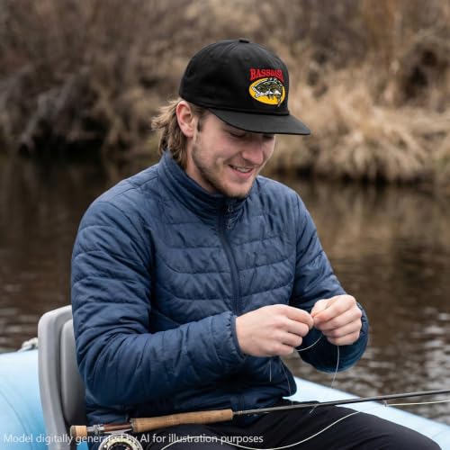 BASSDASH Embroidered Soft Top Flat Brim Duck Hat Snapback Cap for Hunting, Fishing, and Outdoor Activities - color: Black/Largemouth Bass