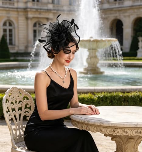 Women's Organza Church Vintage Wedding Fascinator Tea Party Wedding Hat Summer - color: Hj2-black