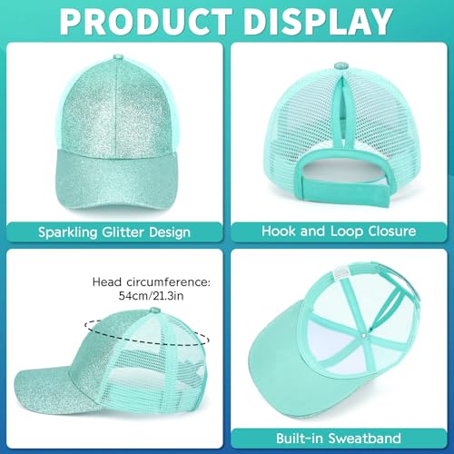 Girls Baseball Cap Kids Sunglasses, Glitter Mesh Ponytail Hat Adjustable Trucker Cap Sun Hat for Girls Outdoor Sports - color: Green