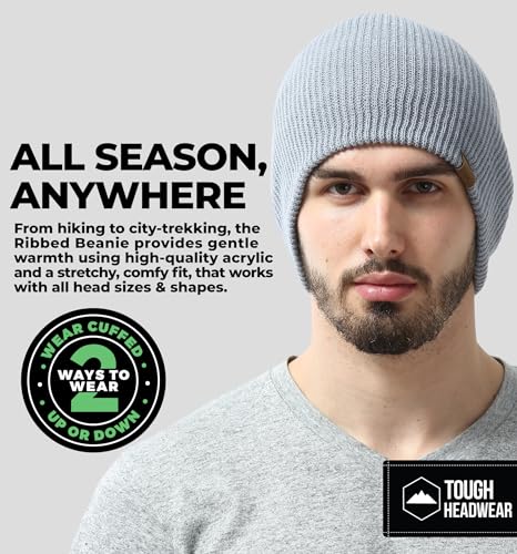 Tough Headwear Ribbed Beanie Hat - Stretch Fit Beanie for Women - Knit Winter Hats for Men - Breathable Knit Caps - color: Light Gray