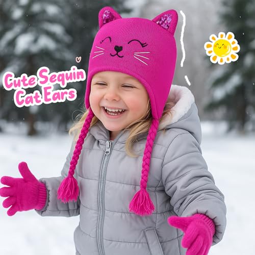 Girl Knit Cat Ear Beanie Hat and Glove Set Kids Winter Earflap with Braided Ski Skull Cap Mitten Set Age 3-7 - color: Sequin Cat Ears-hot Pink