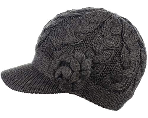 Womens Winter Elegant Cable Flower Knitted Newsboy Cabbie Cap Beret Beanie Hat with Visor, Warm Plush Fleece Lined - color: Charcoal Gray Cable Flower