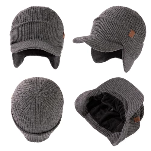 TOP-EX DryKnit™ 50% Merino Wool Waterproof Brim Beanie, Polartec™ Lined - color: Updated Earflap Style#grey (Waterproof), size: Medium-Large