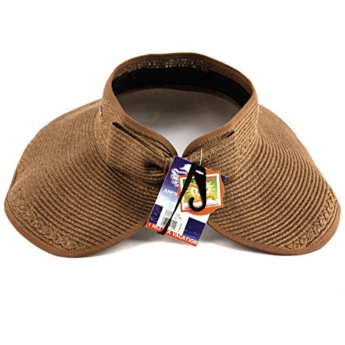 Beach Roll-Up Beach Straw Sun Visor Hat with Bow - color: Lt Brown