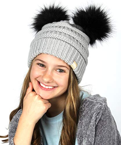 MIRMARU Kids Boys & Girls Winter Soft Warm Knitted Beanie Hat with Faux Fur Pom Pom for Ages 7-12 - color: Double Pom - Grey