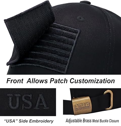Antourage American Flag Unisex Baseball Hat for Men and Women | USA Flag Mesh Snapback Cap with 2 Patriotic Patches - color: (50) Black - Structured Hard Crown
