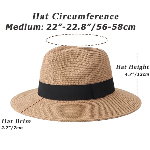 DRESHOW Women Straw Panama Hat Travel Fedora Beach Sun Hat Summer Wide Brim Straw Roll up Hats UPF 50+ - color: Fedora a Khaki