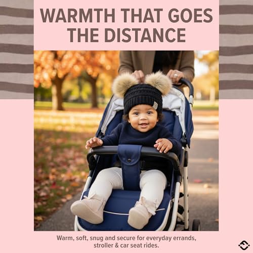 Funky Junque Double Pom Pom Baby Beanie – Newborn Girl Winter Hat 0–12 Months, Cute Cozy Knit Infant Beanies for Cold Weather - color: Black - Faux Fur Pom (2 Pom)