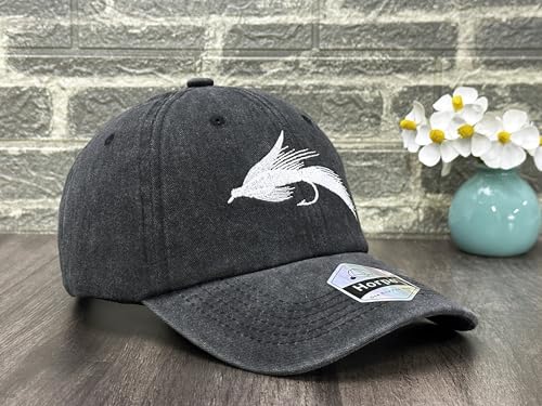 Fishing Baseball Cap for Men Women, Adjustable Embroidered Fish Hat - color: Fly Fishing Lures (Washed Black)