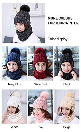 IYEBRAO Womens Winter Knit Beanie Hat and Scarf Set Girls Cute Slouchy Thick Fleece Lined Ski Hat Warm Skull Cap with Pom - color: Dark Grey