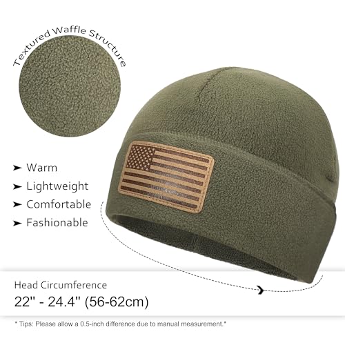 OUTDOOR SHAPING American Leather Flag Fleece Watch Cap, USA Multi-Season Army Military Tactical Beanie, Winter Warm Beanie - color: Fleece Army Green