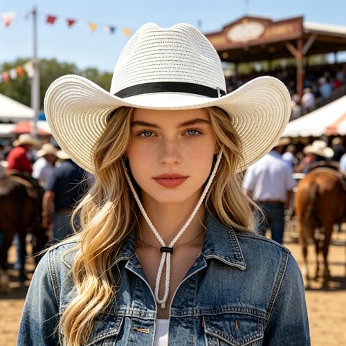 Men Straw Cowboy Hat Women Cowgirl Fedora Wide Brim Beach Sun Hat - color: Cream With Pu Leather Belt