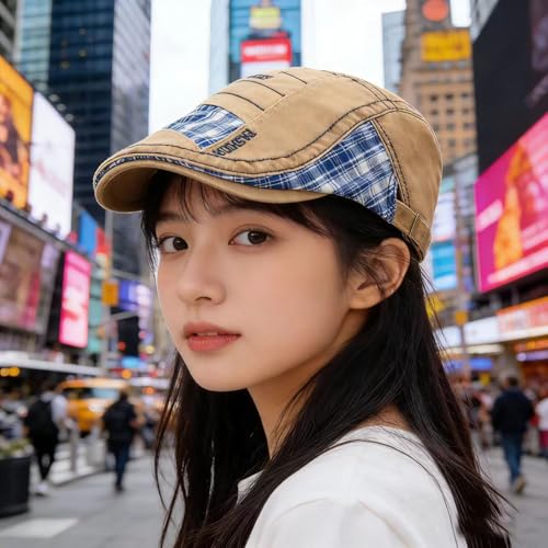 QHFHULV Newsboy Cap for Men Cotton Flat Gatsby Ivy Golf Cabbie Driving Hat - color: Patchwork Khaki