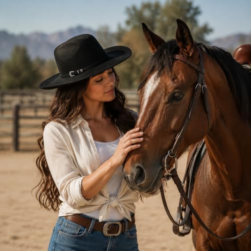 Western Cowboy Hat Men Women Classic Felt Wide Brim Fedora Cowgirl Hat with Belt Buckle Rodeo Party Outdoor
