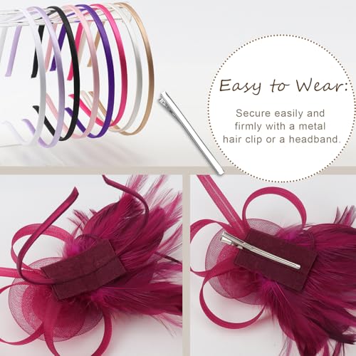 DRESHOW Fascinators Hats for Women Tulle Feather Tea Party Fascinator Wine