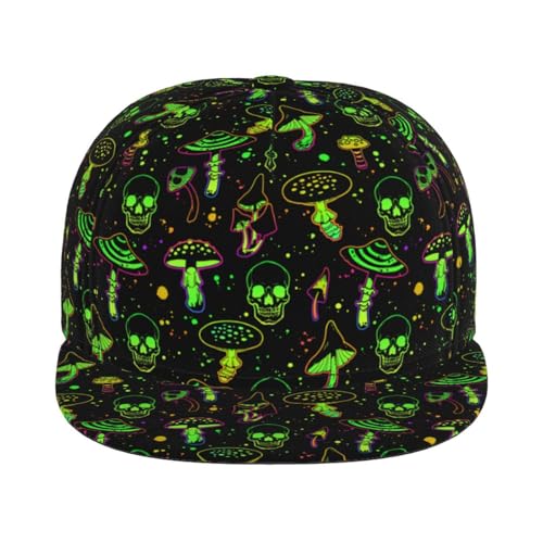 Skull Snapback Hat for Men Women, Stylish Flat Bill Hat Baseball Caps Adjustable Flat Brim Hip Hop Trucker Hats Sun Cap - color: Bright Mushrooms and Skulls 5