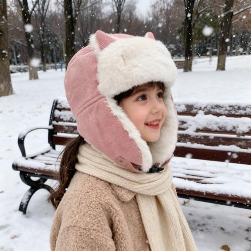 PURFUN Kids Fuzzy Faux Fur Trapper Hats with Cat Ear, Girls Boys Windproof Cozy Earflap Hats Ushanka Ski Caps for 3-8 Yrs - color: Pink