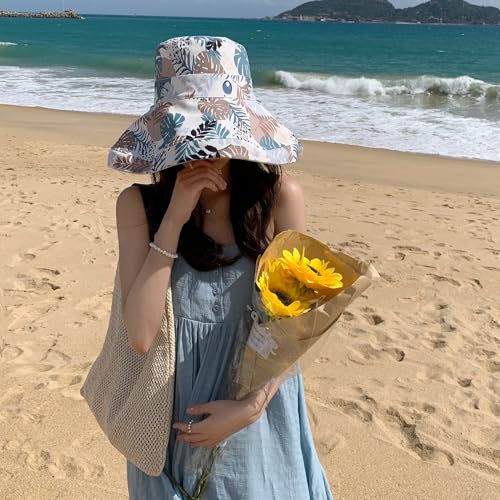 Women Wide Brim Sun Protection Hat Summer Fishing Hats - color: Beige and Leaf Print