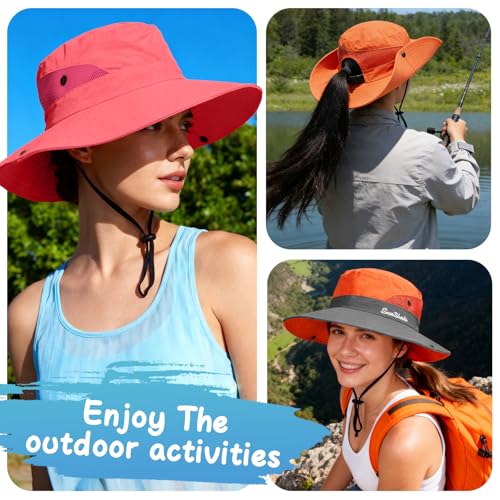 ZOORON Women's Ponytail Safari Sun Hat,Wide Brim UV Protection Bucket Hat - color: 1- Pure Light Grey