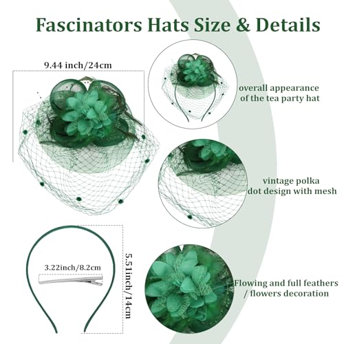 Semato Fascinators Hats for Women Mesh Feathers Elegant Green Tea Party Kentucky Hat Derby Headband with Hair Clip - color: Green
