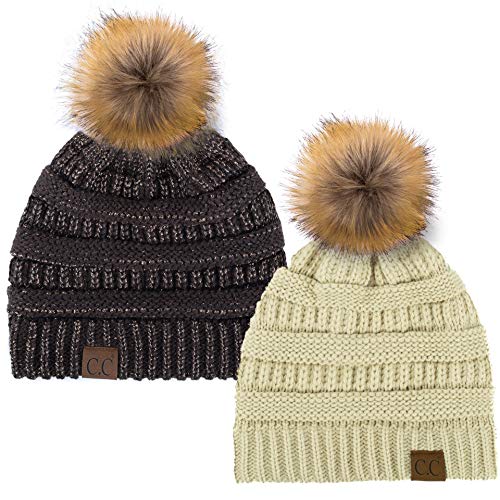 C.C Hat-43 Thick Warm Cap Hat Skully Faux Fur Pom Pom Cable Knit Beanie 2 Pack - color: Beige/Metallic Brown