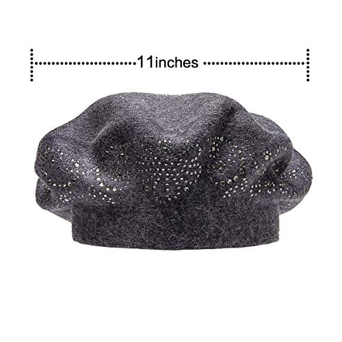 LADYBRO Rhinestone Beret Hats for Women 2 Layers Wool Knit Cap Lady Winter - color: Grey