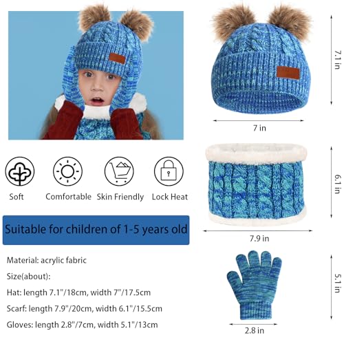 Kids Winter Beanie Hat Scarf Gloves Set,Toddlers Knit Winter Warm Double Pompom Cap Scarf Gloves for Girls Boys 1-5 Years Old - color: Blue Mix