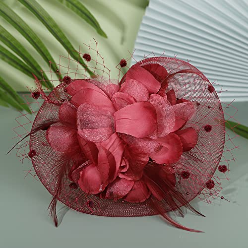 JWICOS Fascinators Hat for Women 50s Flower Hat with Veil Cocktail Wedding Tea Party Church Derby Hat - color: Burgundy