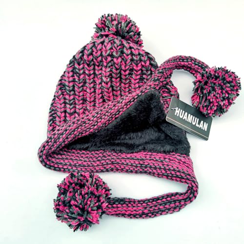 HUAMULAN Women Winter Sherpa Knit Beanie Hat Fleece Lined Ear Flaps - color: Rose Red