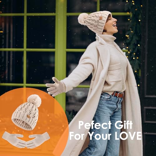 Women Winter Beanie Hat Gloves Set Pom Hat with Warm Fleece Lined Touchscreen Gloves for Cold Weather - color: Big Red