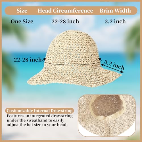 Straw Beach Sun Hats for Women Foldable Floppy Wide Brim Summer Travel Straw Sun Hat Packable Straw Bucket Hat - color: Beige