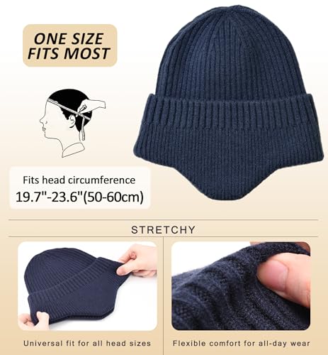 HiRui Knitted Beanie Hats Winter Hats Ear Covers for Men Women Kids Warm Slouchy - color: Navy Blue