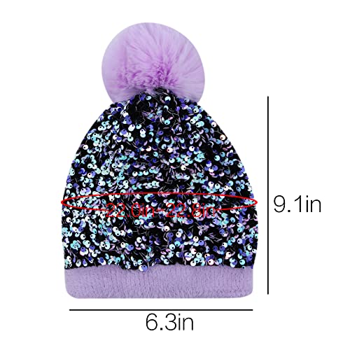Women Sparkly Sequins Knitted Beanie Hat Warm Winter Skull Cap with Faux Fur Pom Pom - color: Purple