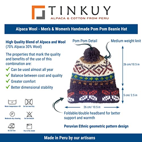 TINKUY Peru Alpaca Wool Winter Beanie, Handmade Bobble Hat, Unisex, One Size - color: Purple