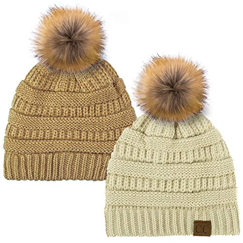C.C Hat-43 Thick Warm Cap Hat Skully Faux Fur Pom Pom Cable Knit Beanie 2 Pack - color: Beige/Camel