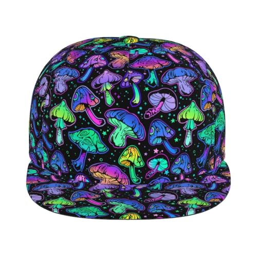 Skull Snapback Hat for Men Women, Stylish Flat Bill Hat Baseball Caps Adjustable Flat Brim Hip Hop Trucker Hats Sun Cap - color: Bright Mushrooms 7