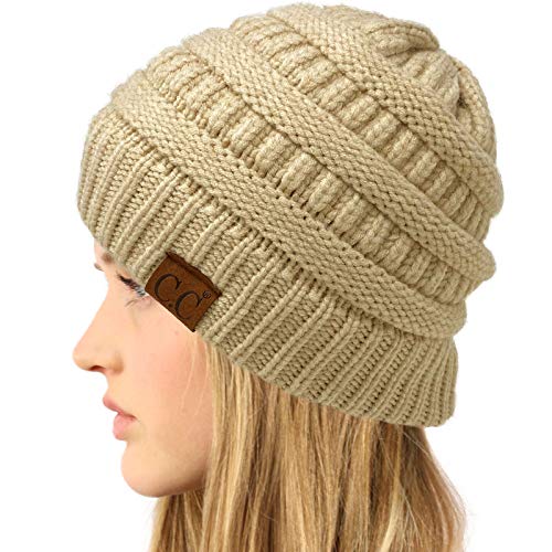 CC Classic Winter Fall Trendy Chunky Stretchy Cable Knit Beanie Hat - color: Snuggly Soft Beige Mix