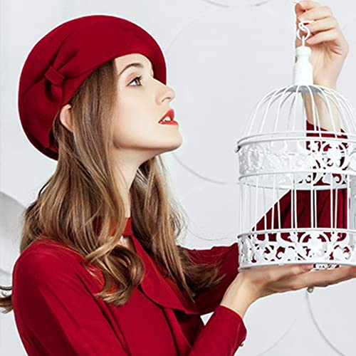 Wedding Hats for Women Vintage Wool Felt Berets Ladies Pearl Fascinator Autumn Winter Cap Bow Church Fedoras - color: Red