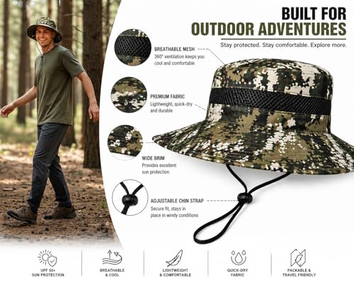 Camo Bucket Sun Hat with Mesh Band and Chin Strap, Wide Brim Boonie Hat for Outdoor Activities - color: Green & White Digital Camo