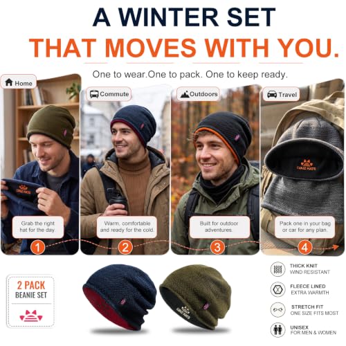 2 Pack Fleece Lined Beanie Hat Reversible Knit Skull Cap for Men Women - color: Blue+khaki