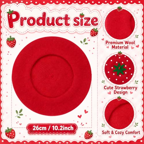 Coume Strawberry Beret for Women, Wool Felt French Beret Costume Hat - style: Red