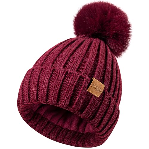 Womens Winter Beanie Hat Fleece Lined Warm Skull Cap with Faux Fur Pom Cuff Knitted Hat for Women - color: Wine Red